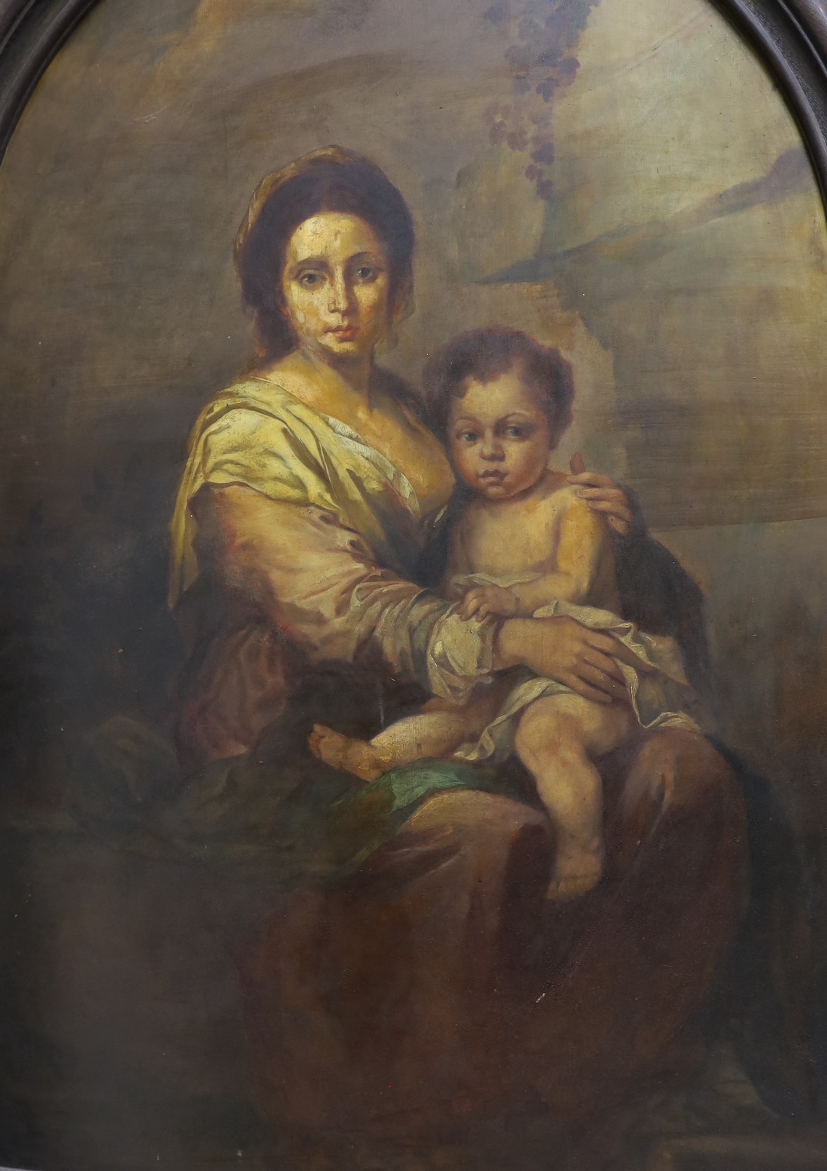 Italian School, oil on wooden panel, Portrait of a seated mother and child, arched, 150 x 110cm